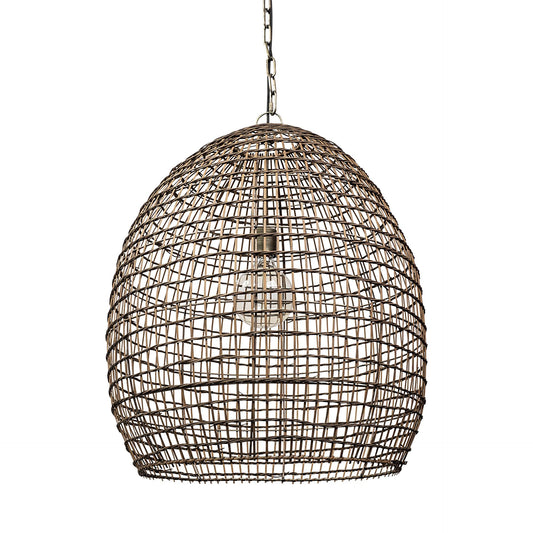 Rattan pendant light with a bulb inside.