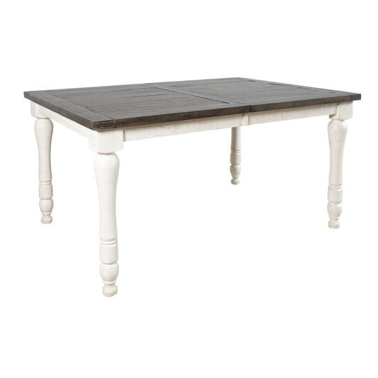 White wooden dining table with dark top.