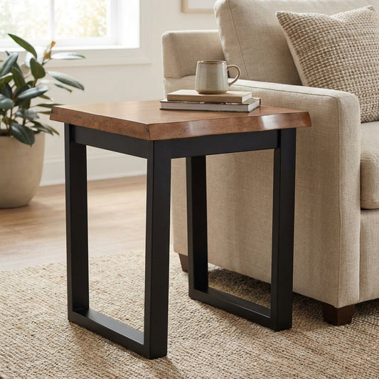 Wooden table with metal legs and a natural edge design.