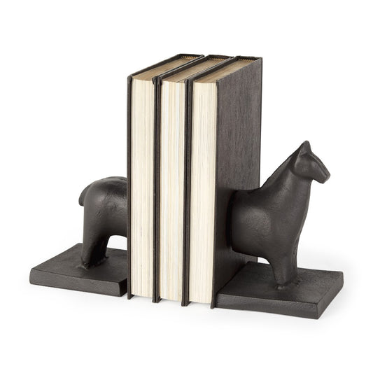 Books held by horse-shaped bookends.