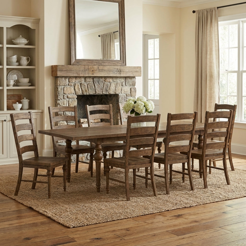 Rustic wooden dining table with turned legs.