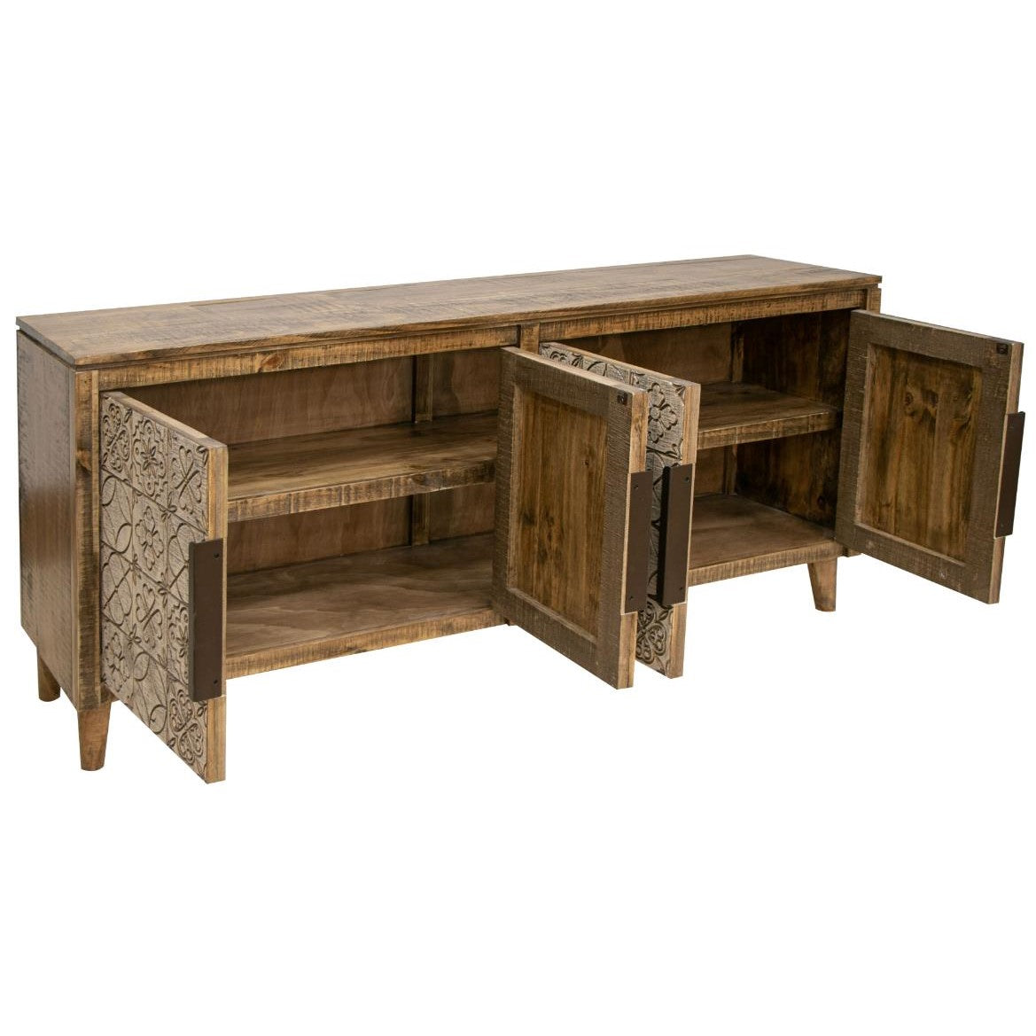 Wooden sideboard with three open doors and decorative panels.