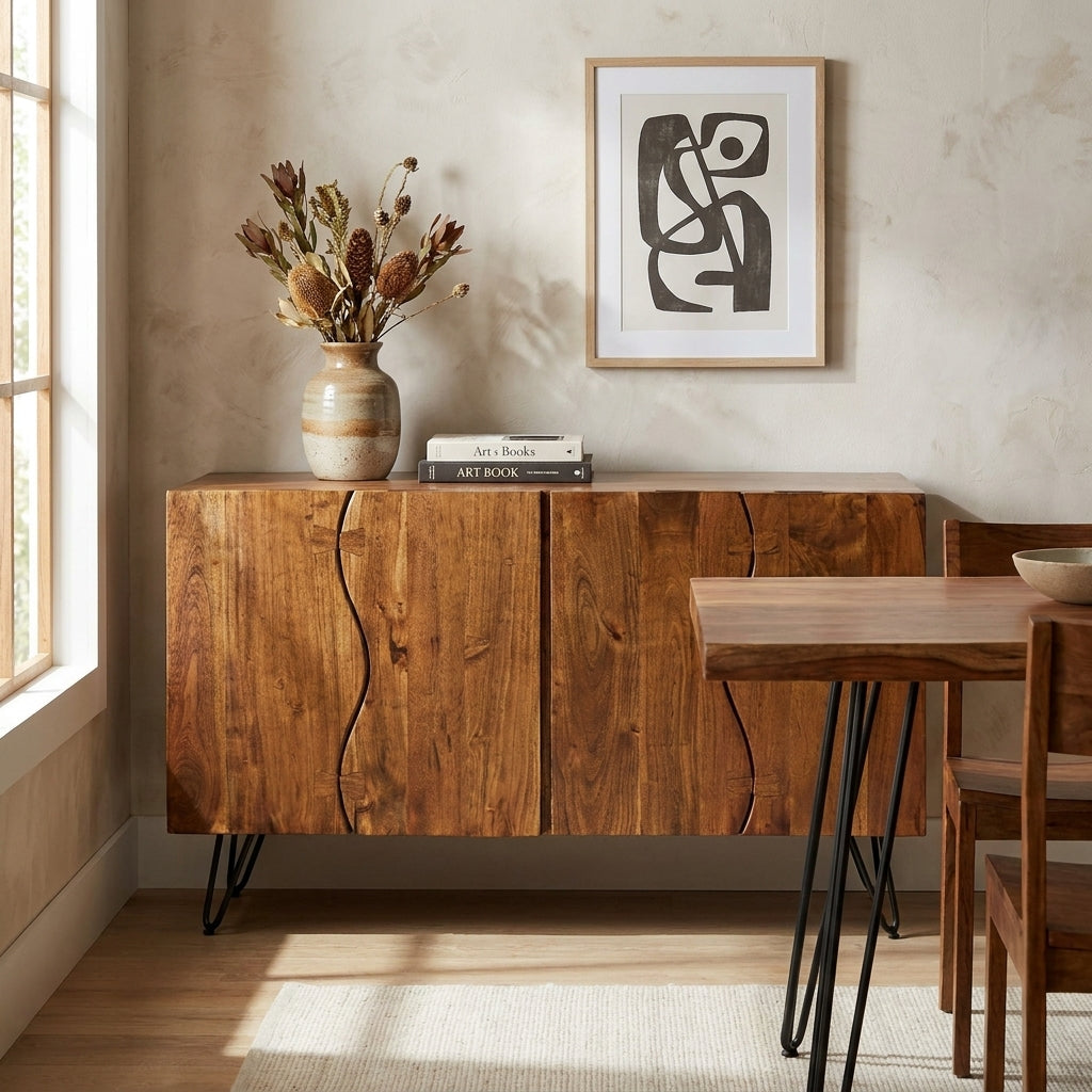 Wooden sideboard with wave-patterned doors and metal hairpin legs.