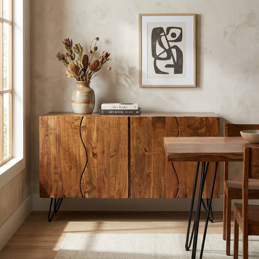 Wooden sideboard with wave-patterned doors and metal hairpin legs.