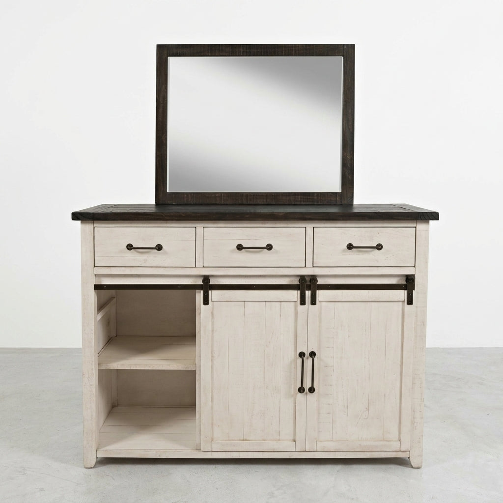 White dresser with mirror, three drawers, and sliding doors.