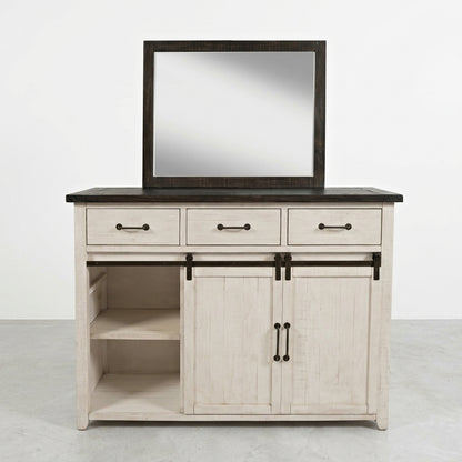 White dresser with mirror, three drawers, and sliding doors.