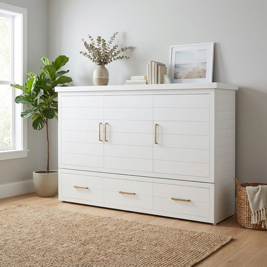 White cabinet with decor, plant, and rug in a bright room.