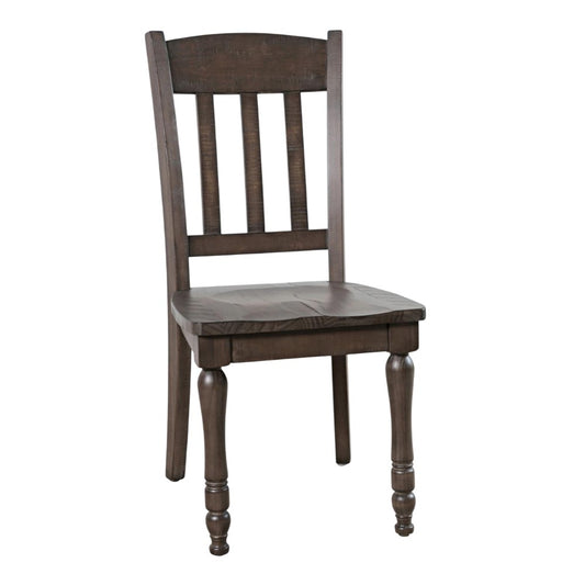 Wooden chair with slatted back and turned legs.