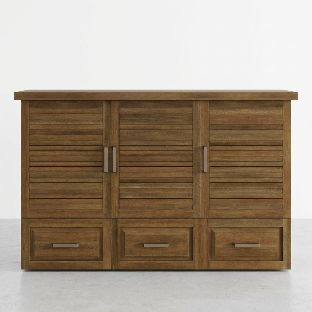 Wooden cabinet with louvered doors and drawers, standing on a white floor.