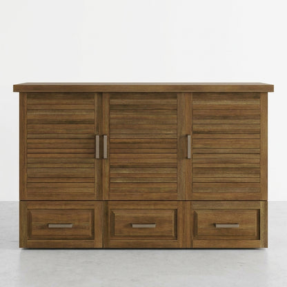 Wooden cabinet with louvered doors and drawers, standing on a white floor.