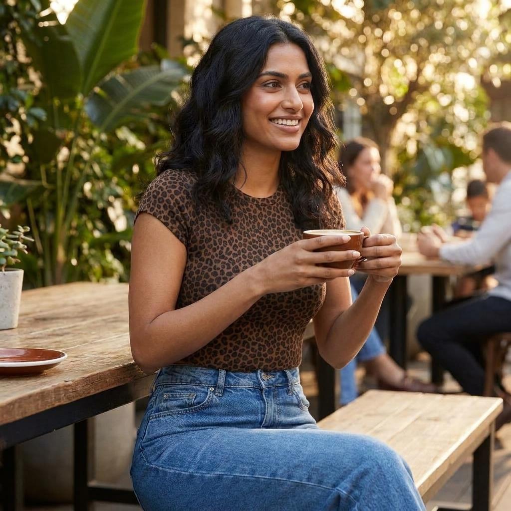 Woman smiles, holding a coffee cup, seated outdoors with blurred people in the background.