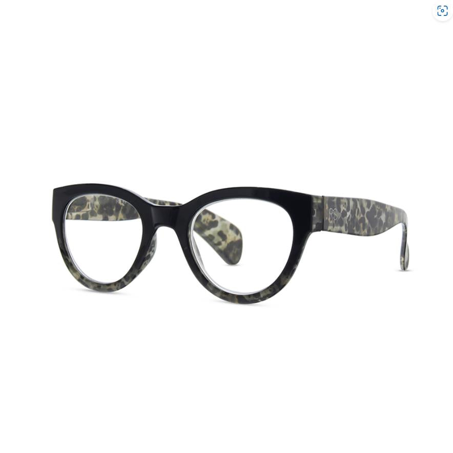 Stylish glasses with black frames and leopard-patterned arms.