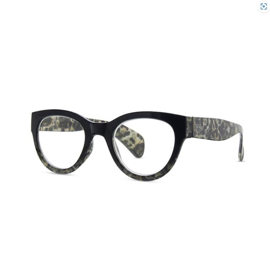 Stylish glasses with black frames and leopard-patterned arms.