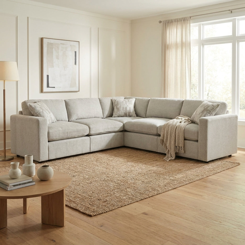 Cozy living room with gray sectional and natural lighting.