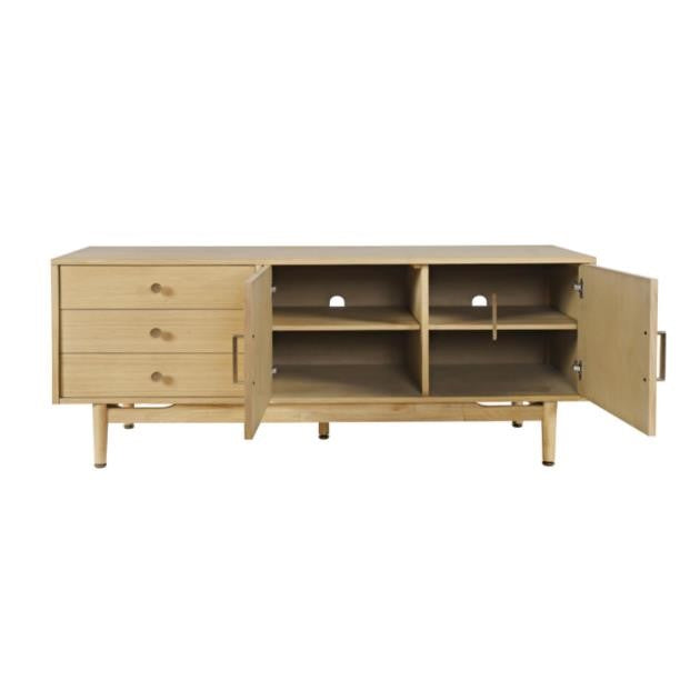 Light wood TV stand with open doors, drawers, and shelves; minimalist design.