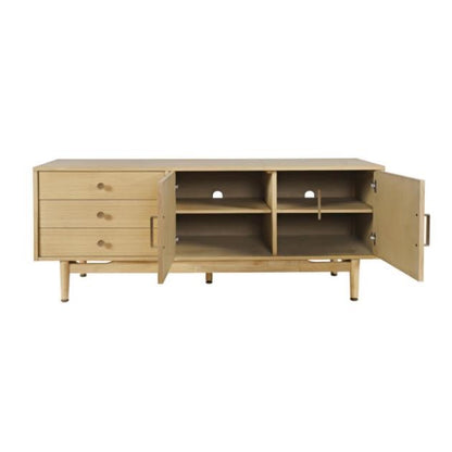 Light wood TV stand with open doors, drawers, and shelves; minimalist design.