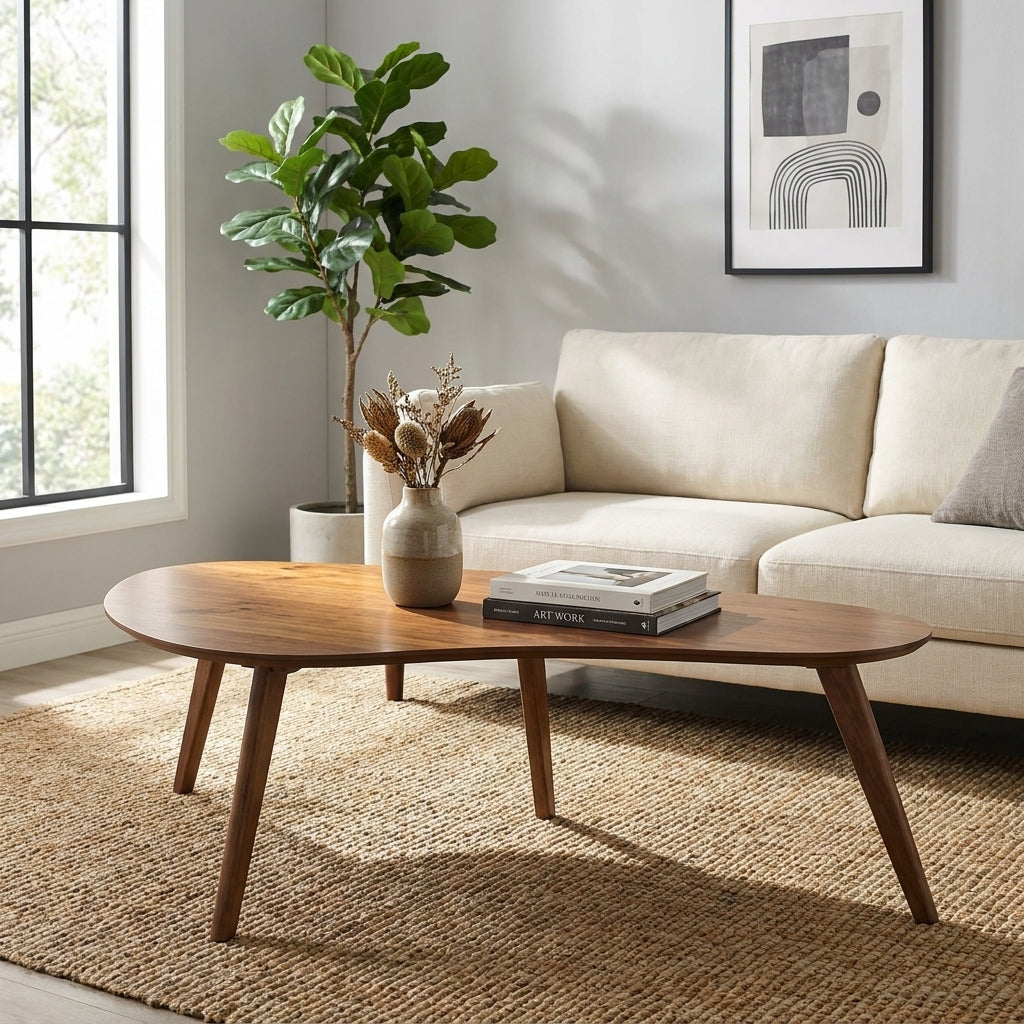 Mid-century modern coffee table with an organic shape and wooden legs.