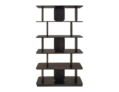 Dark wooden bookshelf with five tiers and unique vertical supports.