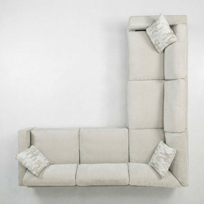 L-shaped beige sofa with three cushions.