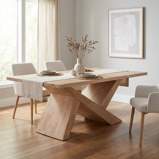 Wooden dining table with angular X-shaped legs.