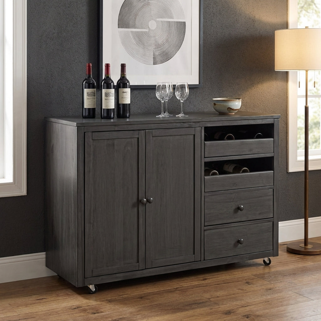 Dark wood sideboard with wine racks and drawers.