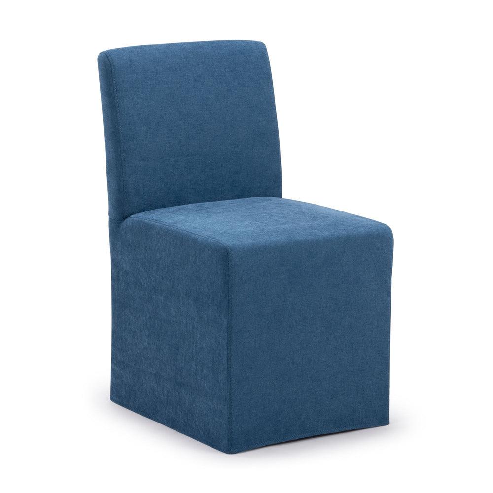 Blue upholstered chair with a sleek, boxy design.
