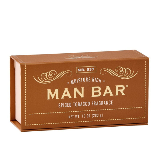 Brown box labeled "Man Bar" with spiced tobacco fragrance, 10 oz.