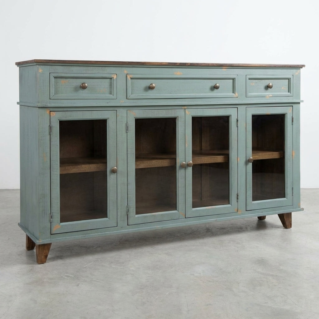 Antique teal cabinet with drawers and glass-paneled doors.