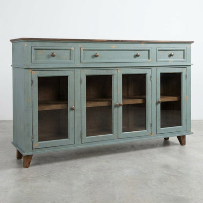 Antique teal cabinet with drawers and glass-paneled doors.