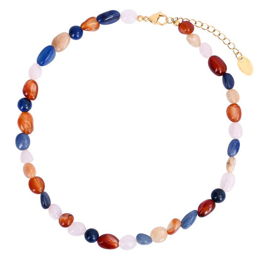Colorful beaded necklace with a gold chain extender.