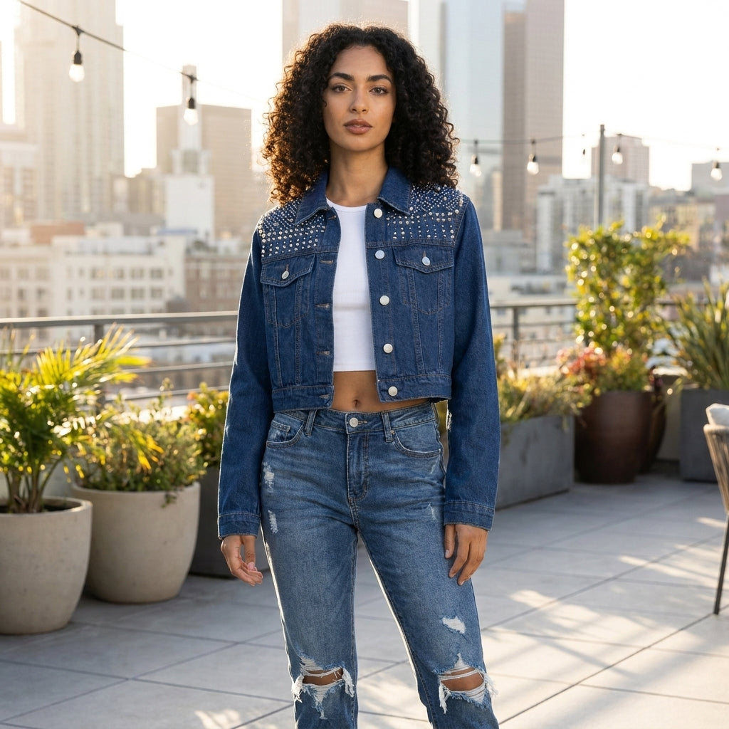 Woman in denim jacket on rooftop terrace with city skyline.