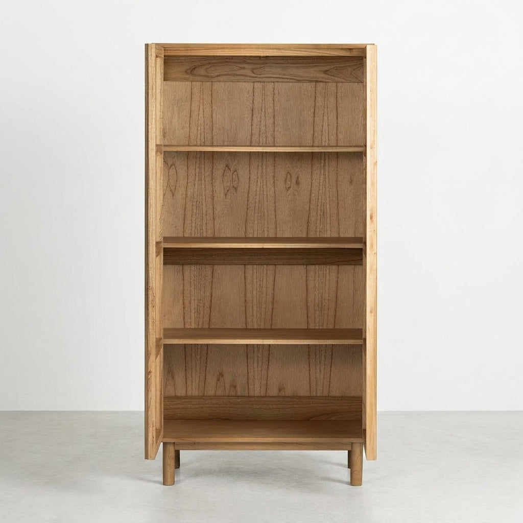 Wooden bookshelf with four open shelves.