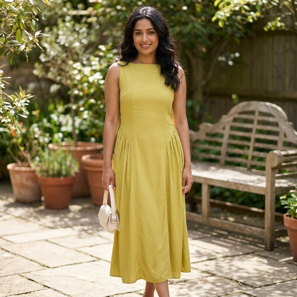 Woman in yellow dress smiling in a garden setting.
