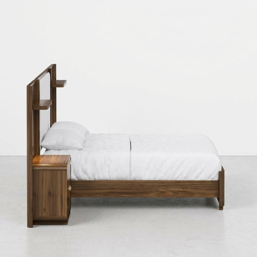 Wooden bed with white linens, side shelves, and integrated nightstand.
