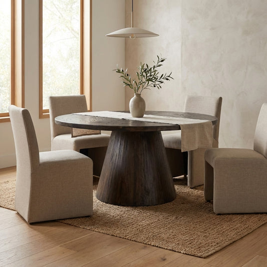 Dark wooden round table with a cone-shaped base.
