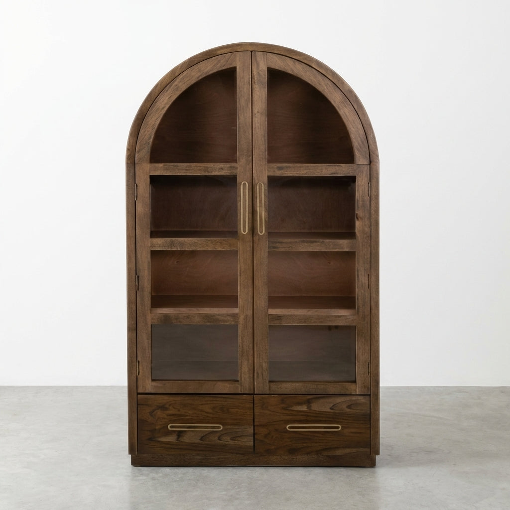 Wooden arched cabinet with open doors, shelves and drawers.