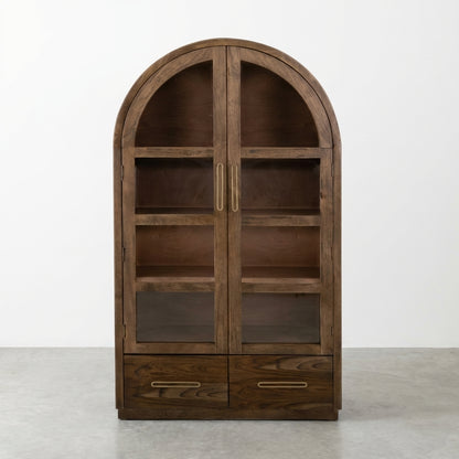 Wooden arched cabinet with open doors, shelves and drawers.