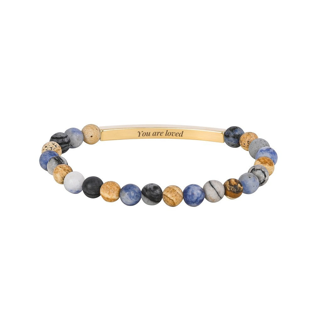Multicolor beaded bracelet with a gold bar inscribed "You are loved".
