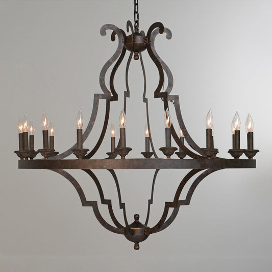 Elegant wrought iron chandelier with 12 candle-style lights.