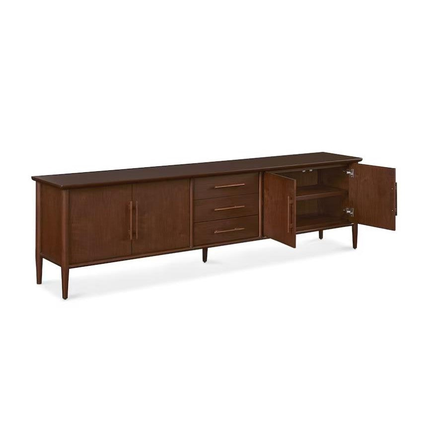 Mid-century modern wooden sideboard with open cabinets and drawers.
