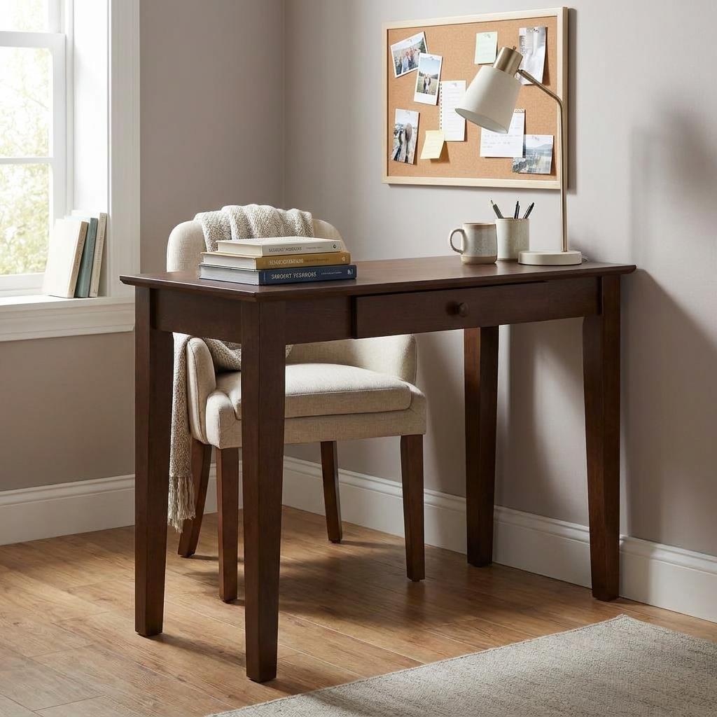 Cozy study nook with dark wood desk, chair, lamp, books, and corkboard.