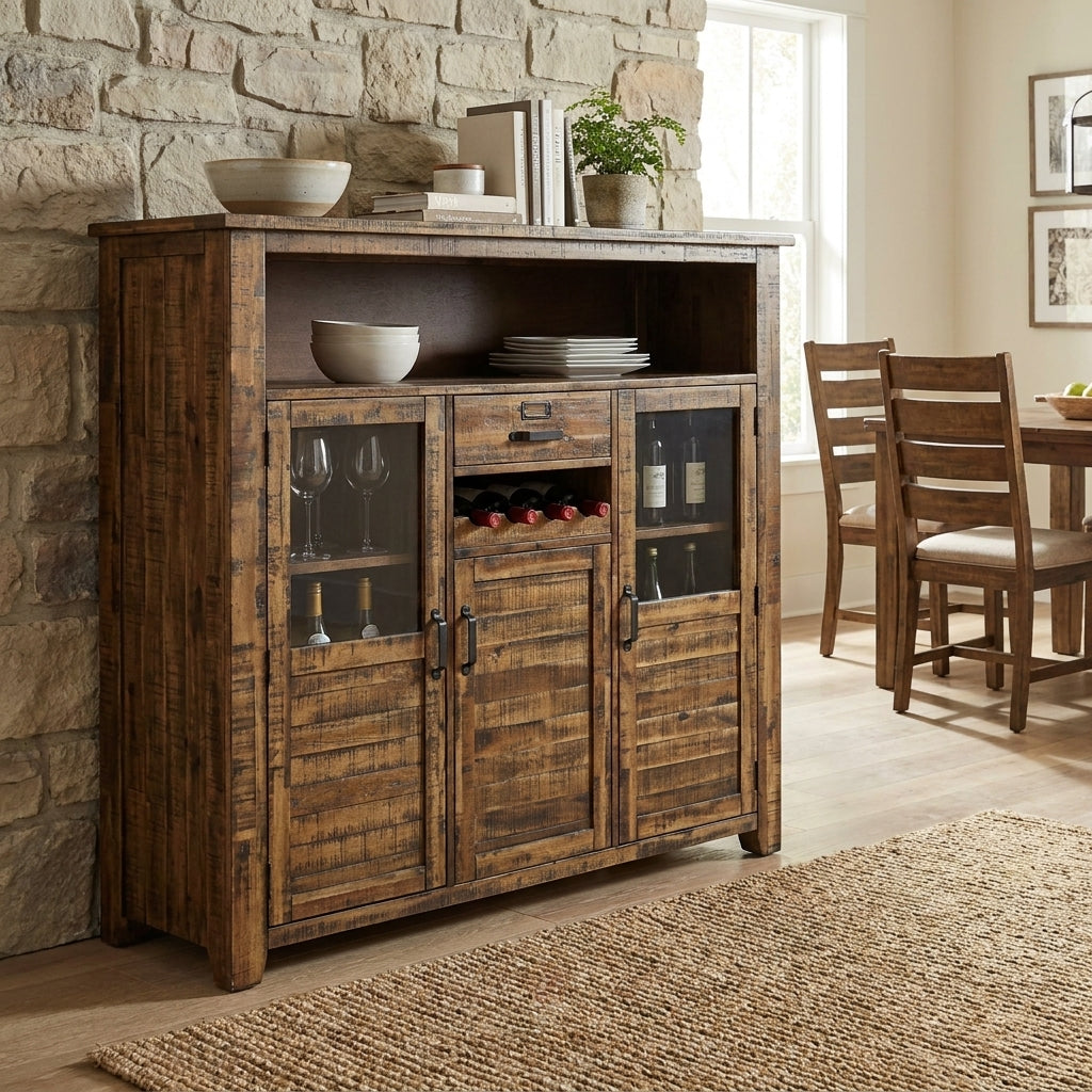 Rustic wooden sideboard with wine and glass storage near dining table.