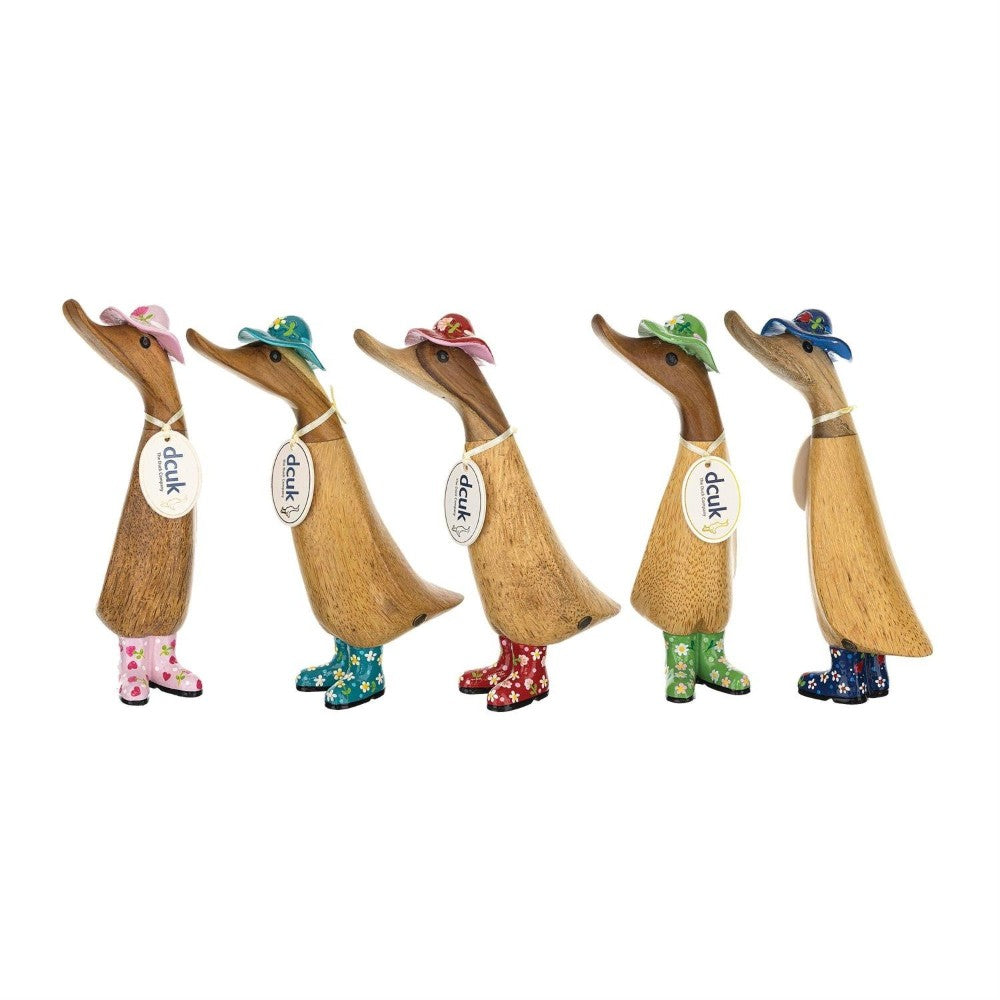 Wooden ducks in colorful boots and hats, posed in a row.