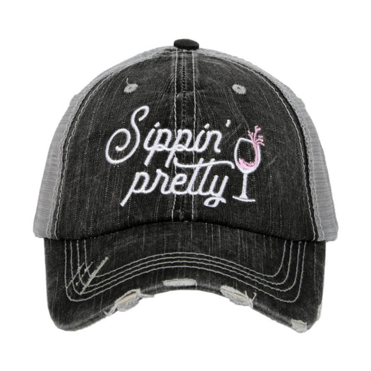 Gray cap with "Sippin' pretty" embroidery and mesh back.