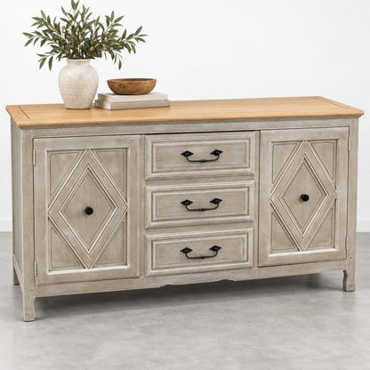 Gray sideboard with wood top, two cabinets, and three drawers; decor includes a vase and bowl.