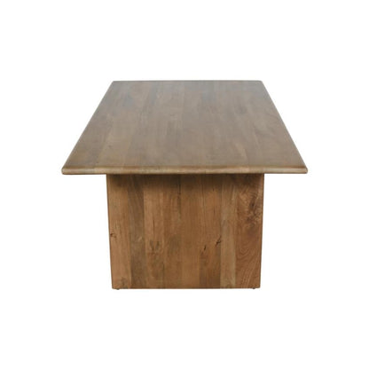 A wooden table with a simple, rectangular design.