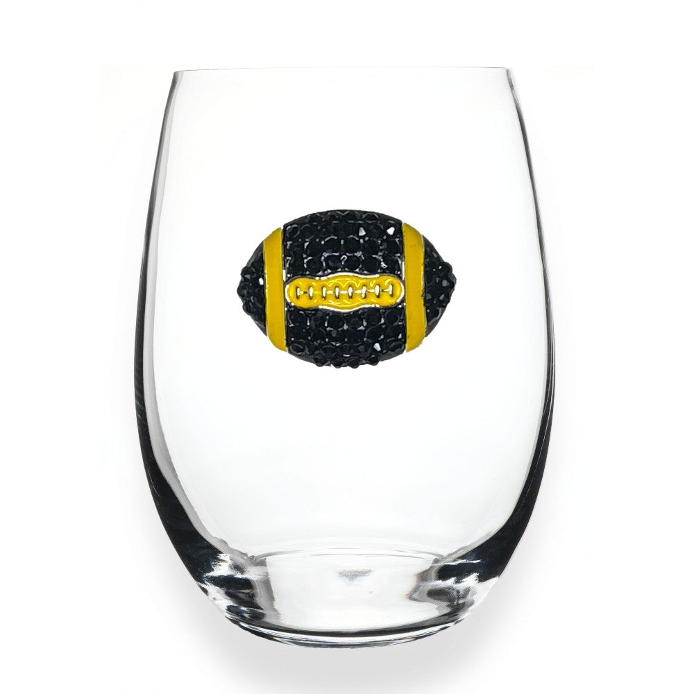 Clear glass with a black and yellow football design.