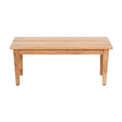 Wooden bench with simple, sturdy design.