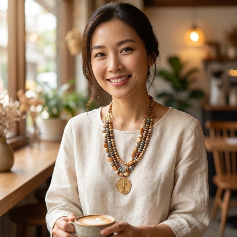 A smiling woman in a café holds a cup of coffee, wearing a linen top and layered necklaces.