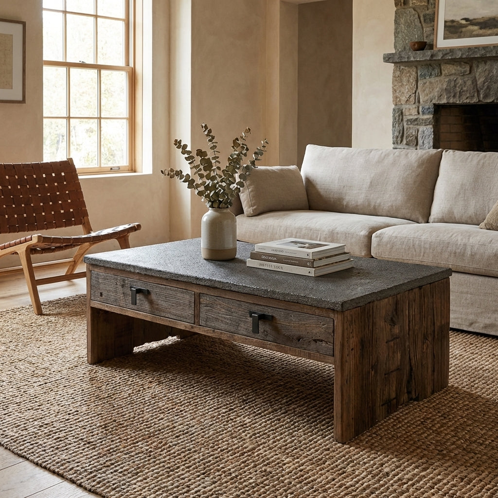 Rustic wooden coffee table with a stone top and two drawers.